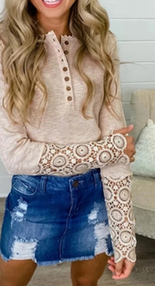 LAST ONE M only! Long Sleeve Henley Tee Top Lace Sleeves - Picture 2 of 4